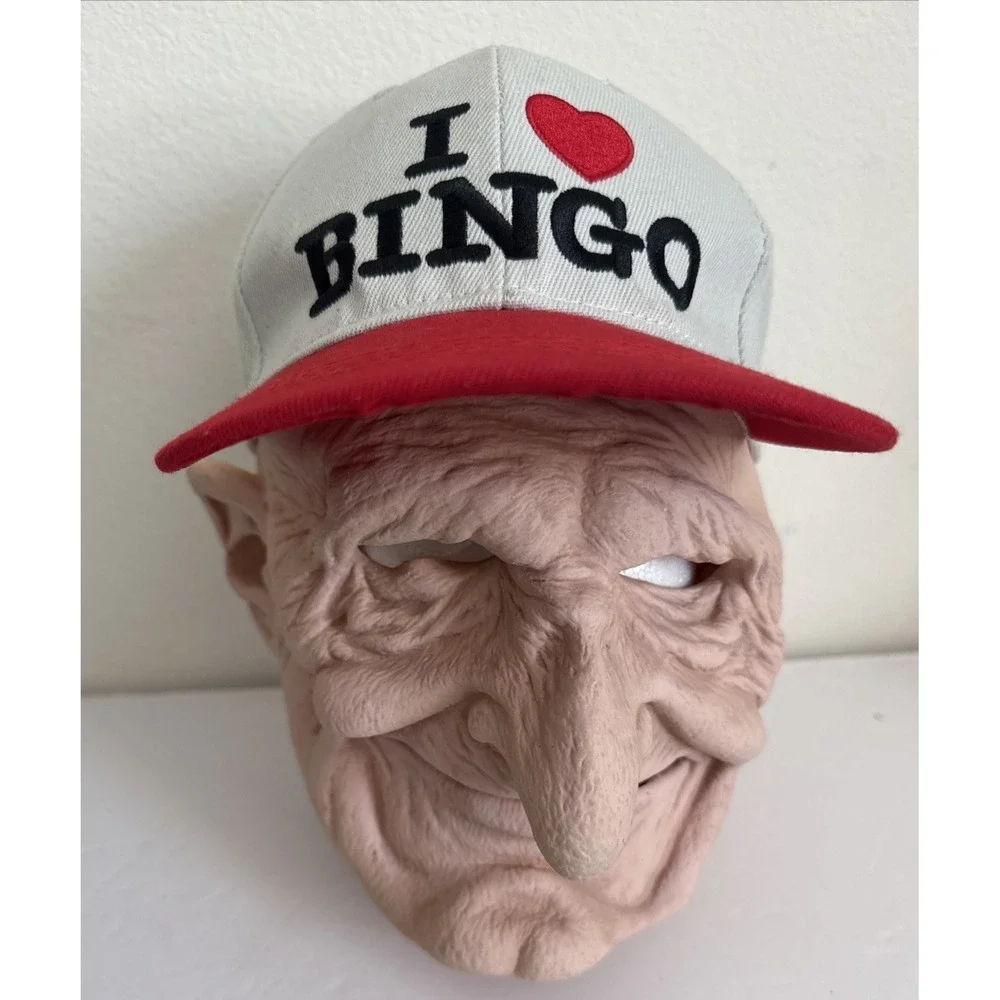 Old Man Adult Latex Full Face Mask " I ❤️Bingo"  Hat Creepy Face With Ball Cap - Picture 5 of 11